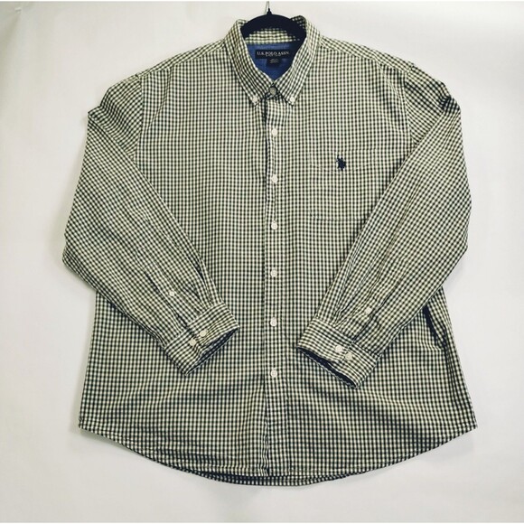 Polo Assn Shirt Men's 2XL Long Sleeve Button Down Collar Green White Gingham - Picture 2 of 10